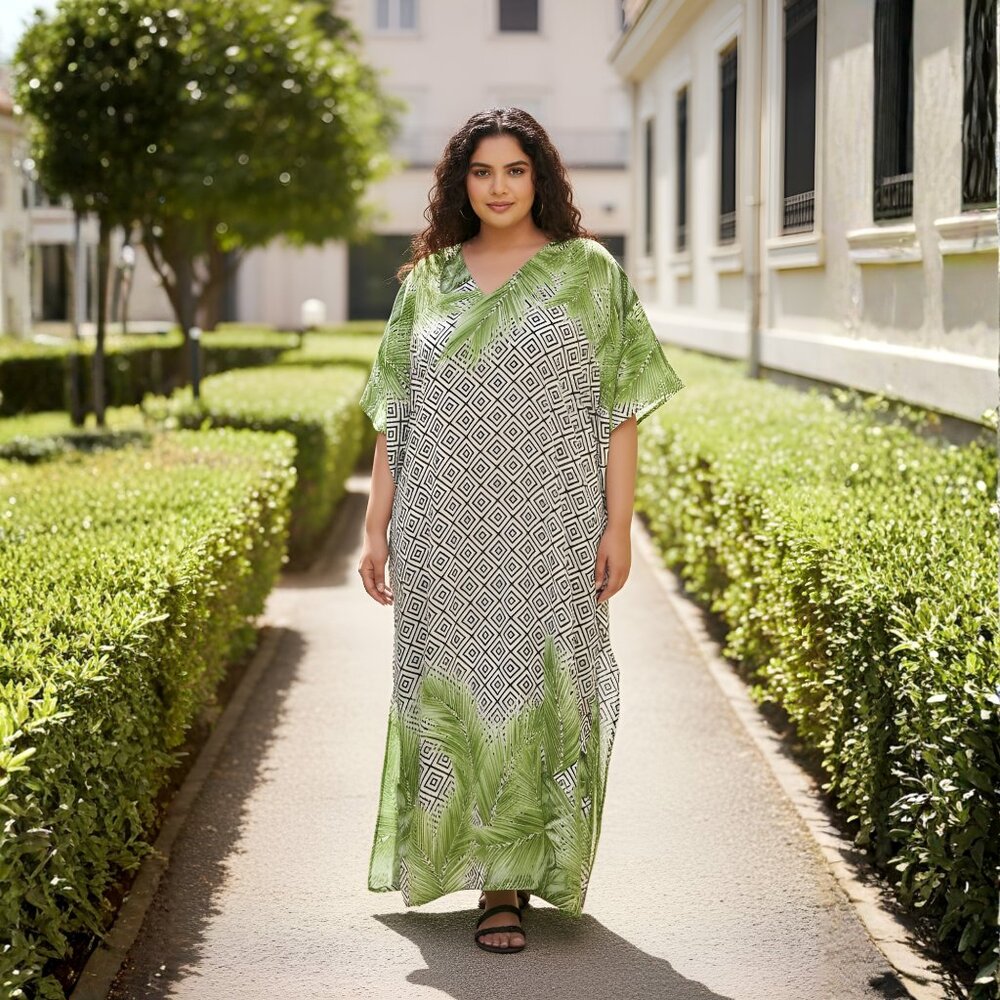 Gypsie Blu Leaf & Geometric Printed Plus Size Kaftan Dress Stylish Maxi Dresses